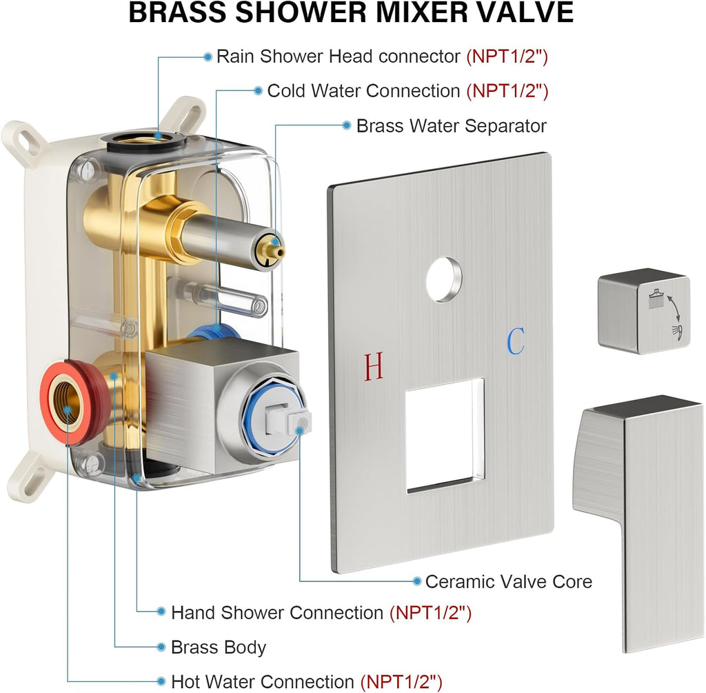 FPXRNG Shower Faucet Set Bathroom Square Rain Shower Head and Handle Set, Wall Mounted Shower Fixtures, Full Metal Trim Repair Kit 12 inch Brushed Nickel (With Shower Valve)