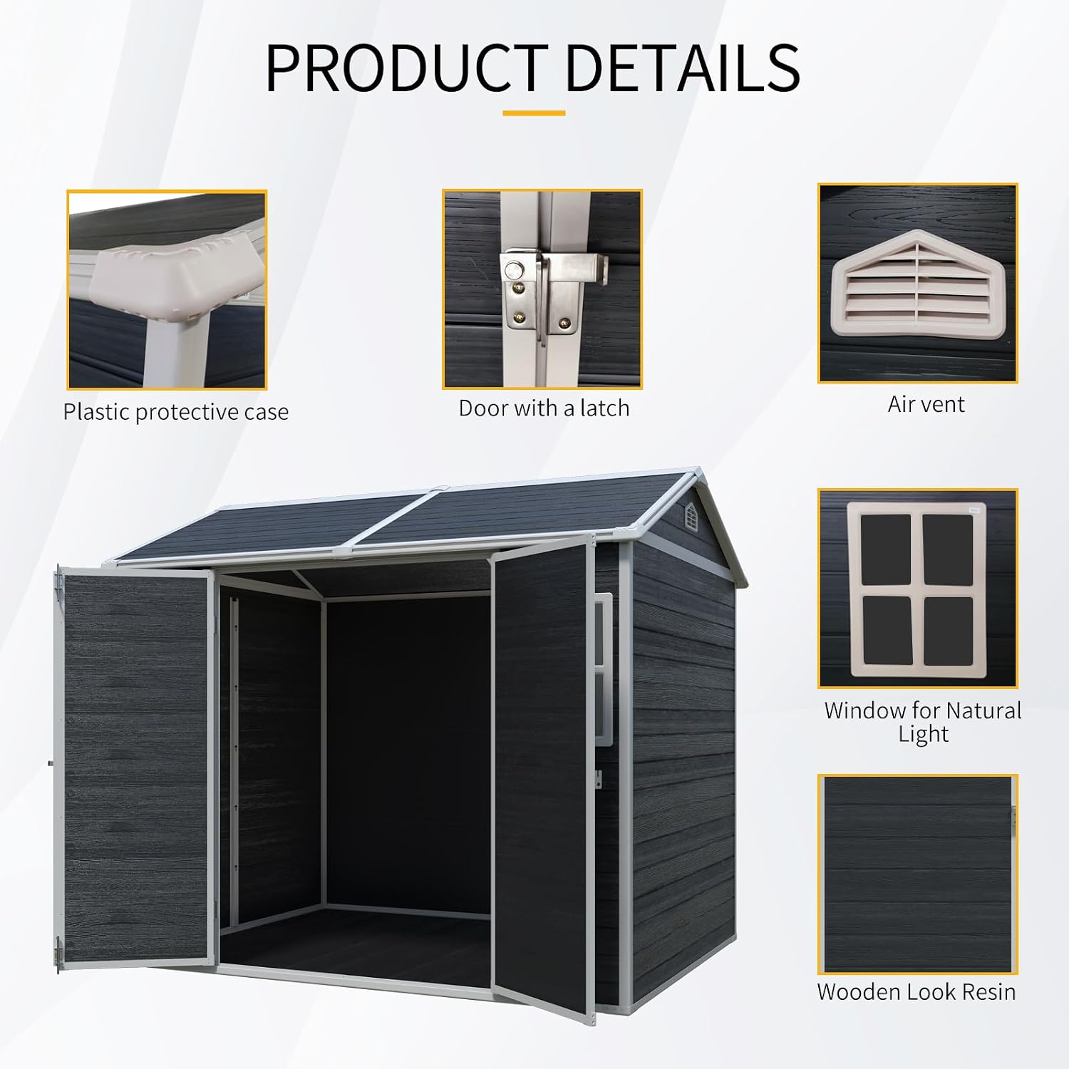 JT 6 x 8 FT Resin Storage Shed, Waterproof Garden Shed with Floor, 2 Windows, Lockable Door and Vent, Outdoor Sheds for Backyard, Tools and Lawn Mower (Black)