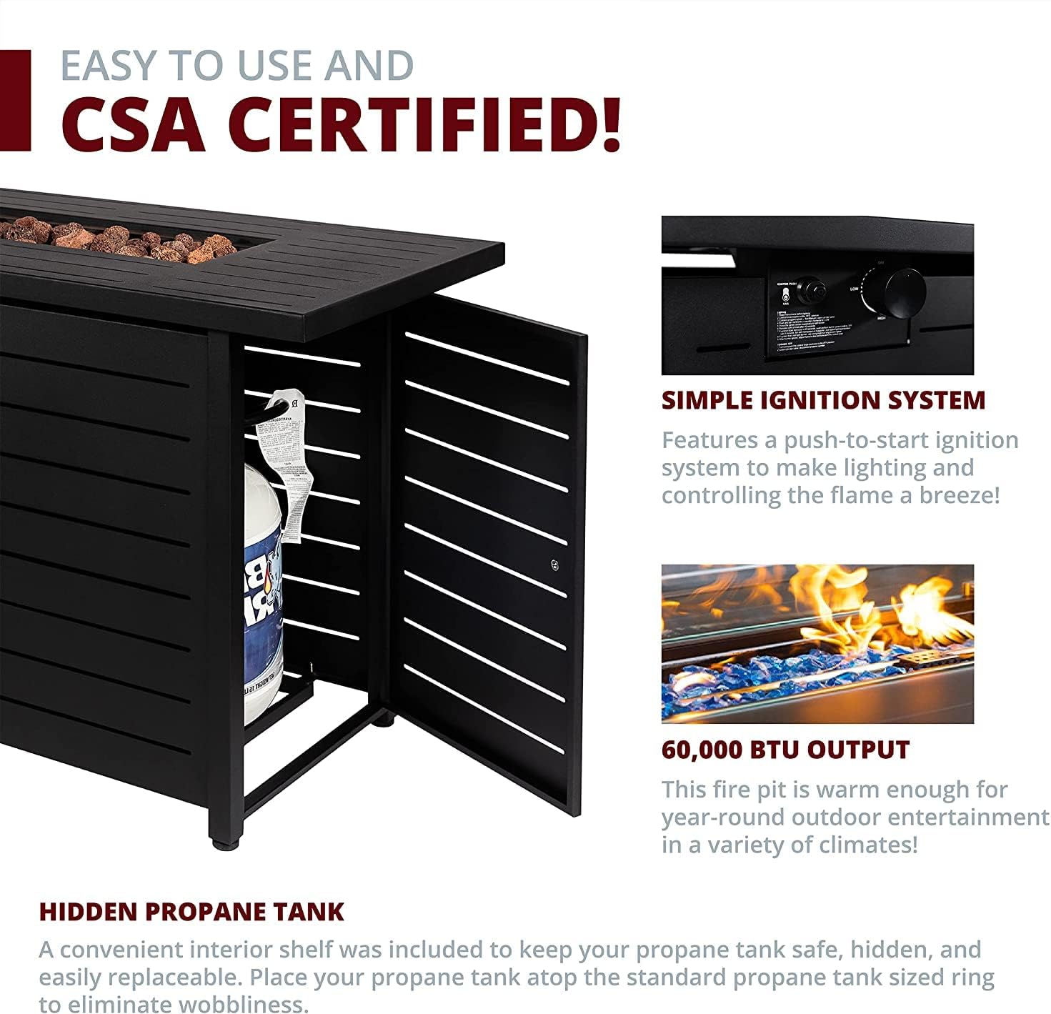 42' Outdoor Propane Fire Pit Table, Patio Rectangular Gas Fire Pit 2 in 1 Coffee Table with Firepit, 50,000 BTU, Waterproof Cover, Powder-Coated Stainless Steel with Lava Rock, CSA Certified