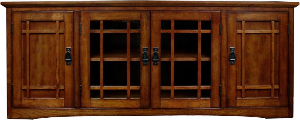 Leick Home 82360 Solid Wood Mission Oak Four Door TV Stand For 65' TVs Universal TV Console Living Room Storage Shelves Entertainment Center, Mission Oak