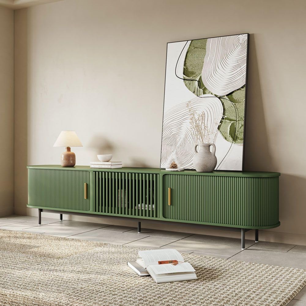 POVISON Fully-Assembled Modern Green TV Stand with Tambour Doors, Fluted TV Media Console for 85 Inch TVs, Sliding Door Entertainment Center with Storage for Living Room (Green, 94.49')