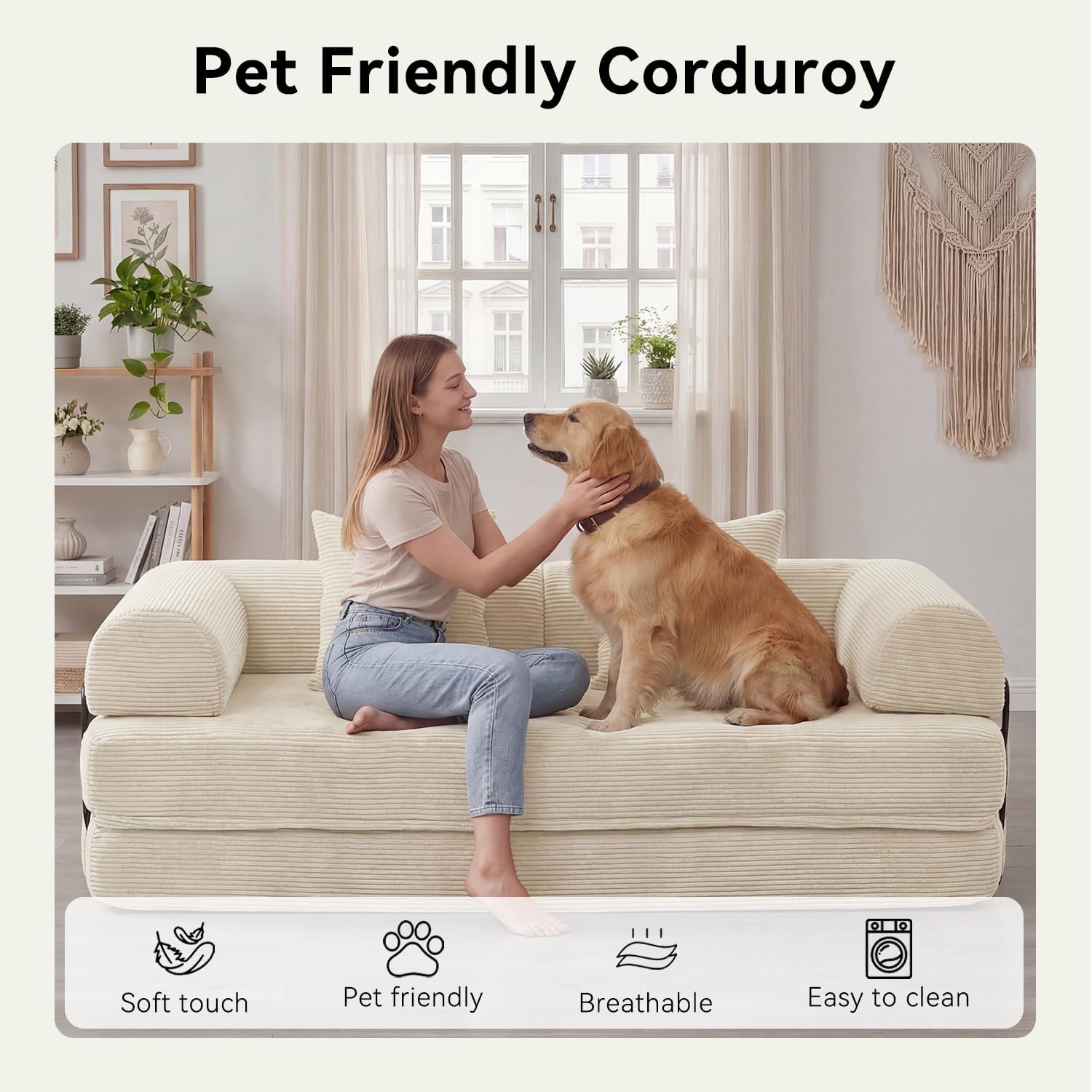 79' Sofa Bed Convertible Boneless Couch Corduroy Modular Couch Bed with Fixed-Shape Frame & Removable Armrests for Living Room, Bedroom (White)