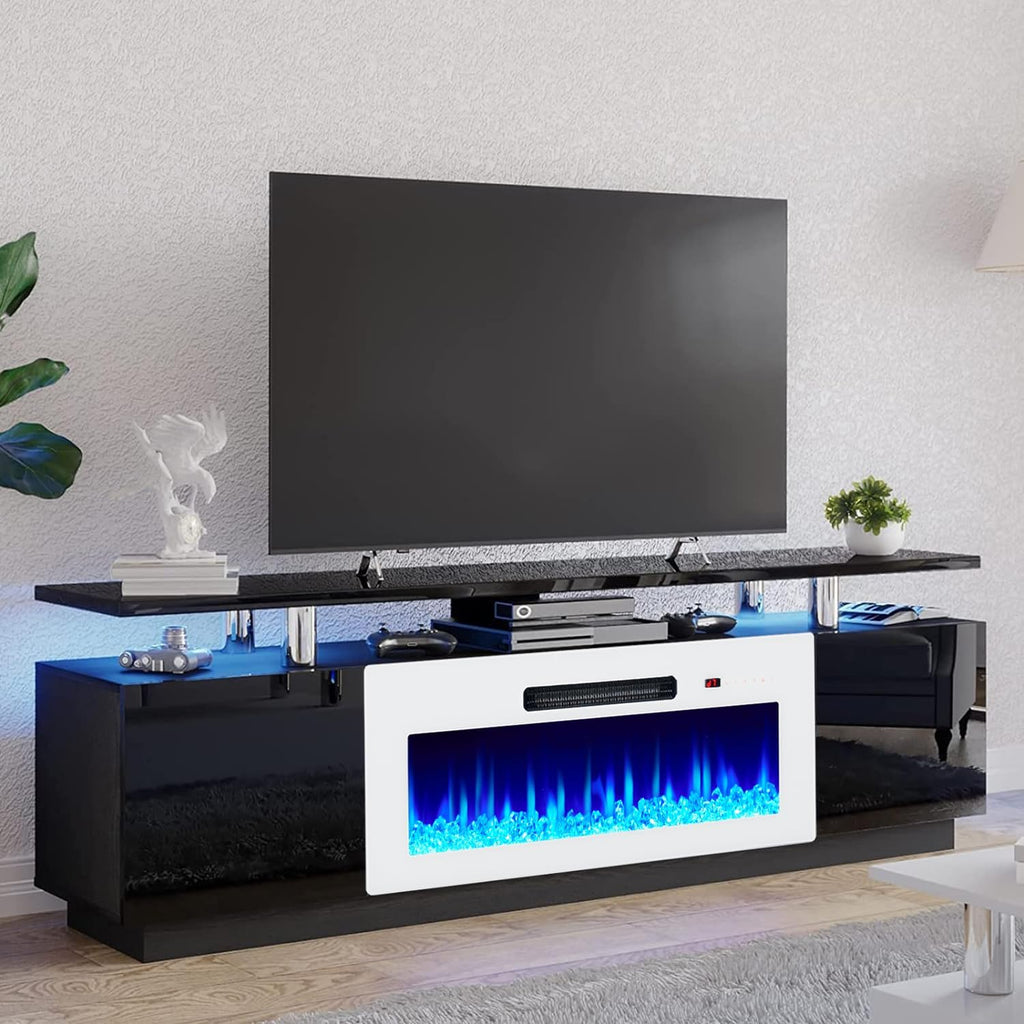 AMERLIFE Fireplace TV Stand with 36' White Fireplace, 70' Modern Fireplace Entertainment Center LED Lights, 2 Tier TV Console Cabinet for TVs Up to 80', Black & White