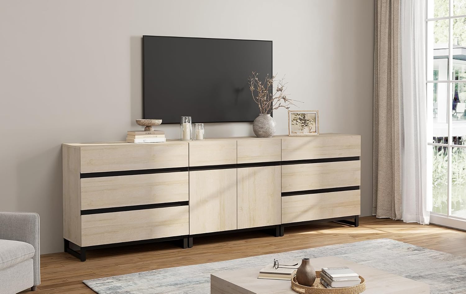 WAMPAT Modern TV Stand for TVs up to 100 Inch, 3-in-1 TV Console with Adjustable Shelves and 6 Drawers, Media Console for Living Room and Bedroom, Light Oak