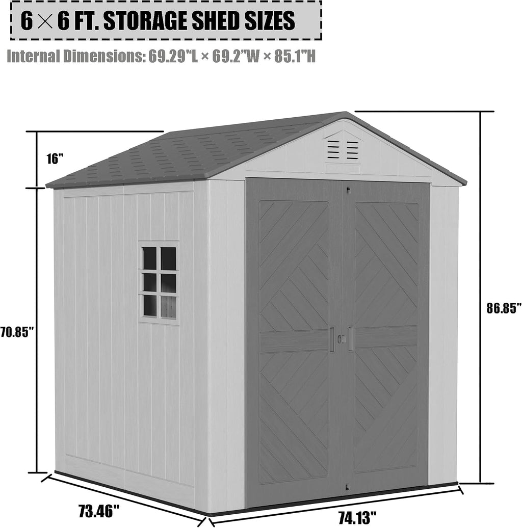 Mrosaa 6x6 FT Large Outdoor Storage Shed,HDPE Resin Outdoor Storage Sheds Weather Resistant,Lockable Garden Sheds with Windows for Home/Garden Tools/Backyard/Lawn Mower/Bike Storage(Gray)