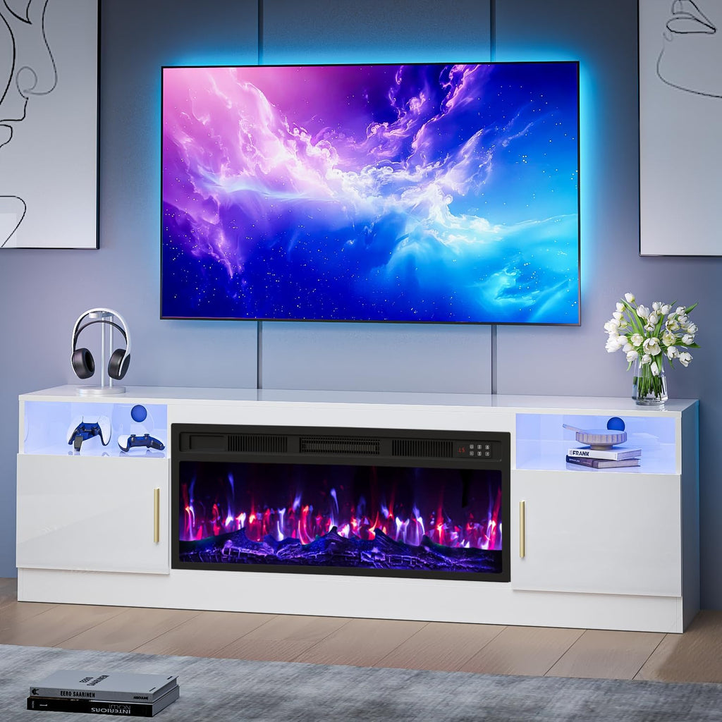 TV Stand with Fireplace, 70 Inch Fire Places TV Stand for Living Room, 36' White Electric Fireplace TV Stands, LED Entertainment Center with Fireplace, Up to 80' TVs