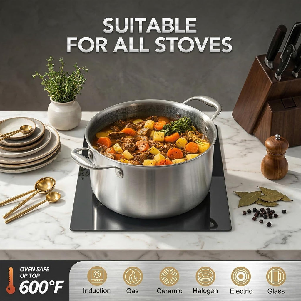 KIKCOIN Tri-Ply Stainless Steel Stock Pot 8 Quart with Lid, 18/10 Stainless Steel Cooking Pot with Honeycomb Interior, Induction Compatible Soup Pot for Gas, Electric & All Cooktops