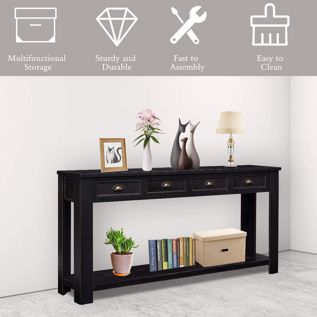 Kinfant Console Table for Entryway - 60' Long Rustic Sofa Table with 4 Drawers and Storage Shelf, Black