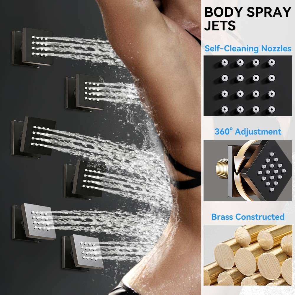 Matte Black Shower System with Body Jets, STARBATH 12 Inch Rainfall Shower and Handheld Spray, Wall Mounted Full Body Shower System Rough-in Mixer Pressure Balance Valve Shower Faucet Set Complete