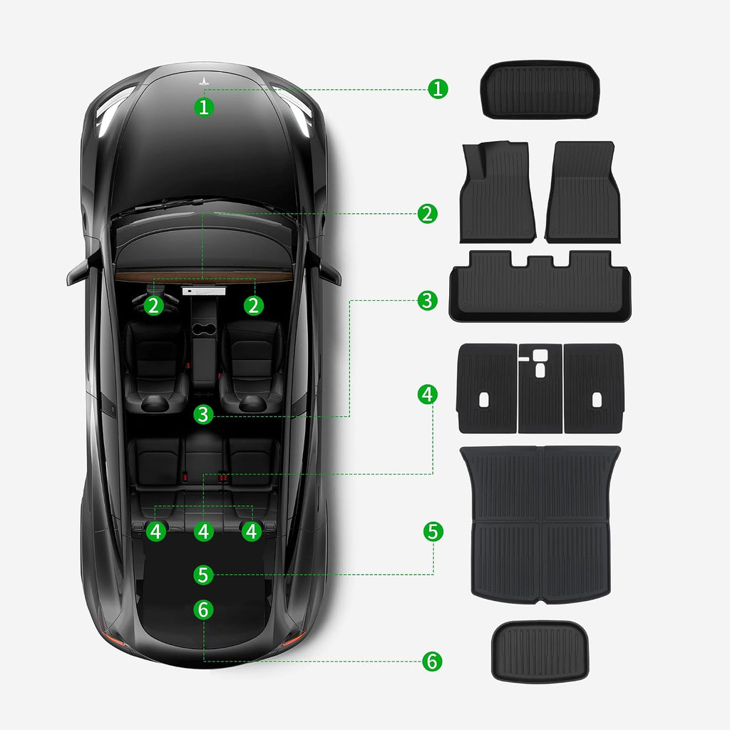 Floor Mats for 2021-2024 Tesla Model Y, 9PCS All Weather Full Set Cargo Liners Accessories, 3D TPE Odorless Trunk Frunk Rear Well Mats Custom for 5-Seater(Not Fit 7Seat & 2025-2026 Juniper)