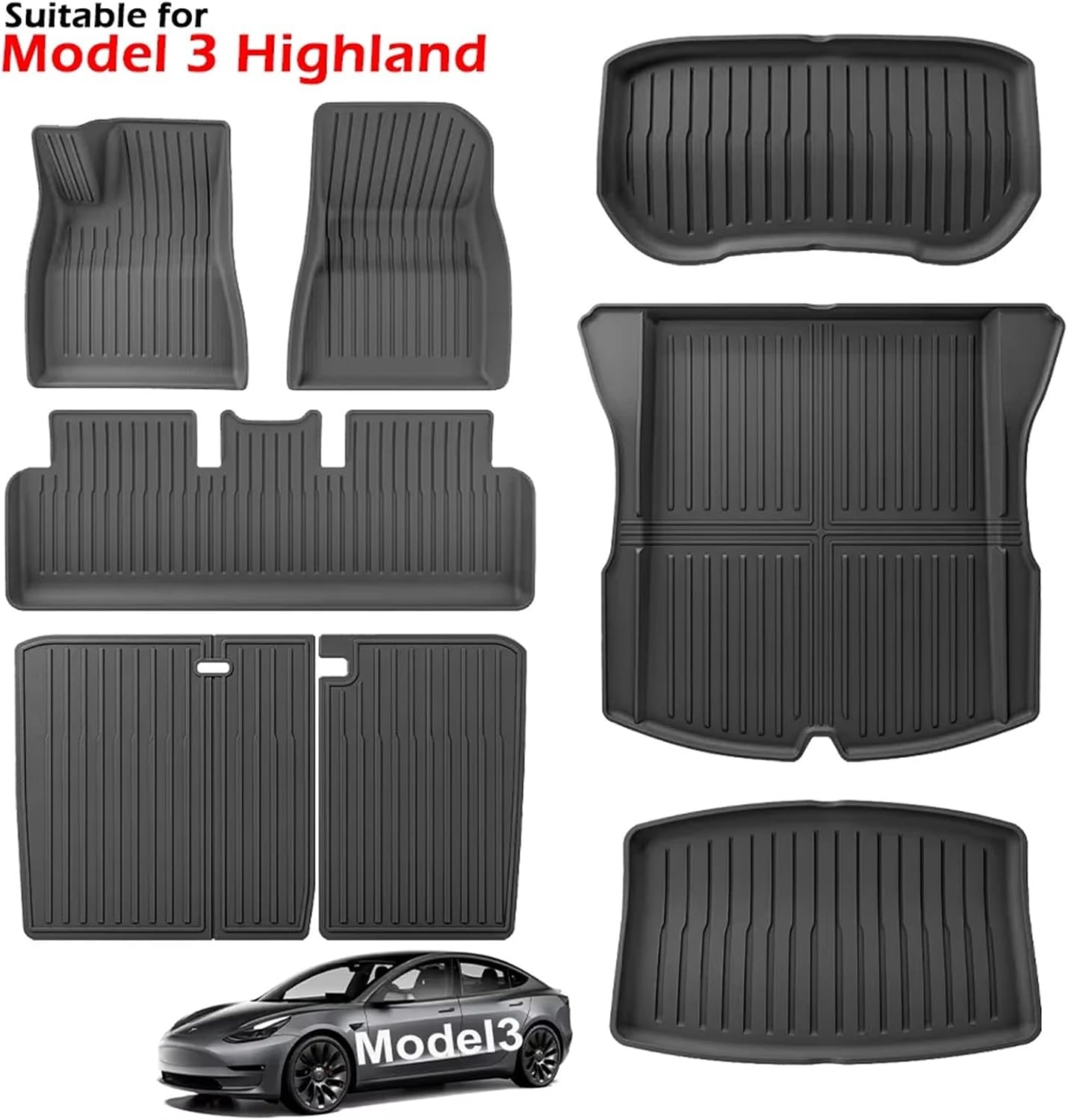 for 2024 2025 Tesla Model 3 Highland Floor Mats TPE All Weather Front Rear Cargo Liner Mat Waterproof Anti-Slip Accessories(2024 M3 6PCS LHD)
