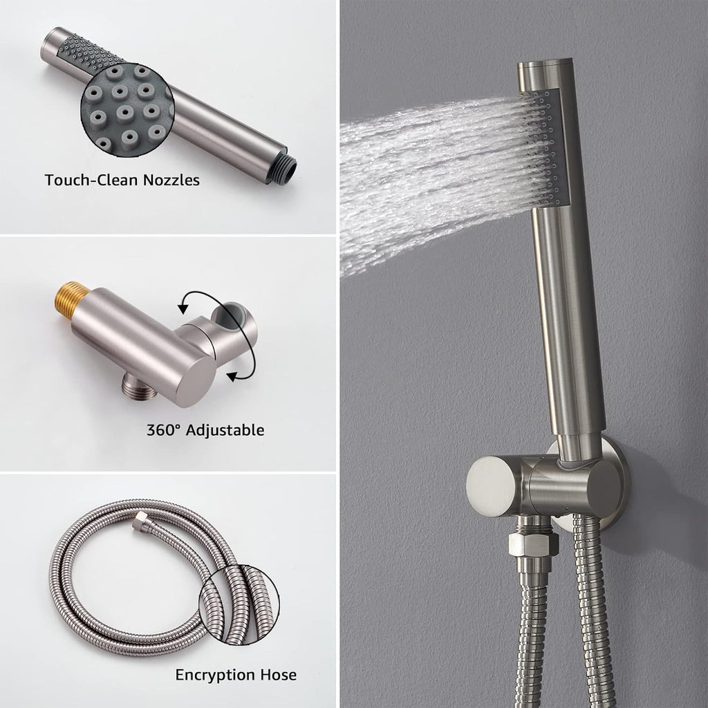 Iriber Brushed Nickel Shower System Wall Mounted Shower Faucet Mixer Set with 12 Inches Rain Shower head and Handheld, Bathroom Shower Trim Kit Contain Pressure Balance Valve