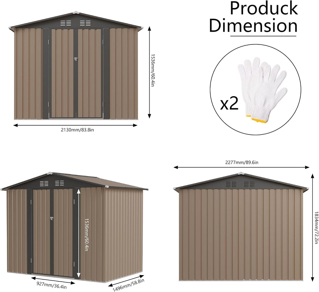 7.4FT x 5.3FT Storage Garden shed with Apex Roof for Patio Backyard use Galvanized Steel Tool Sheds Storage House