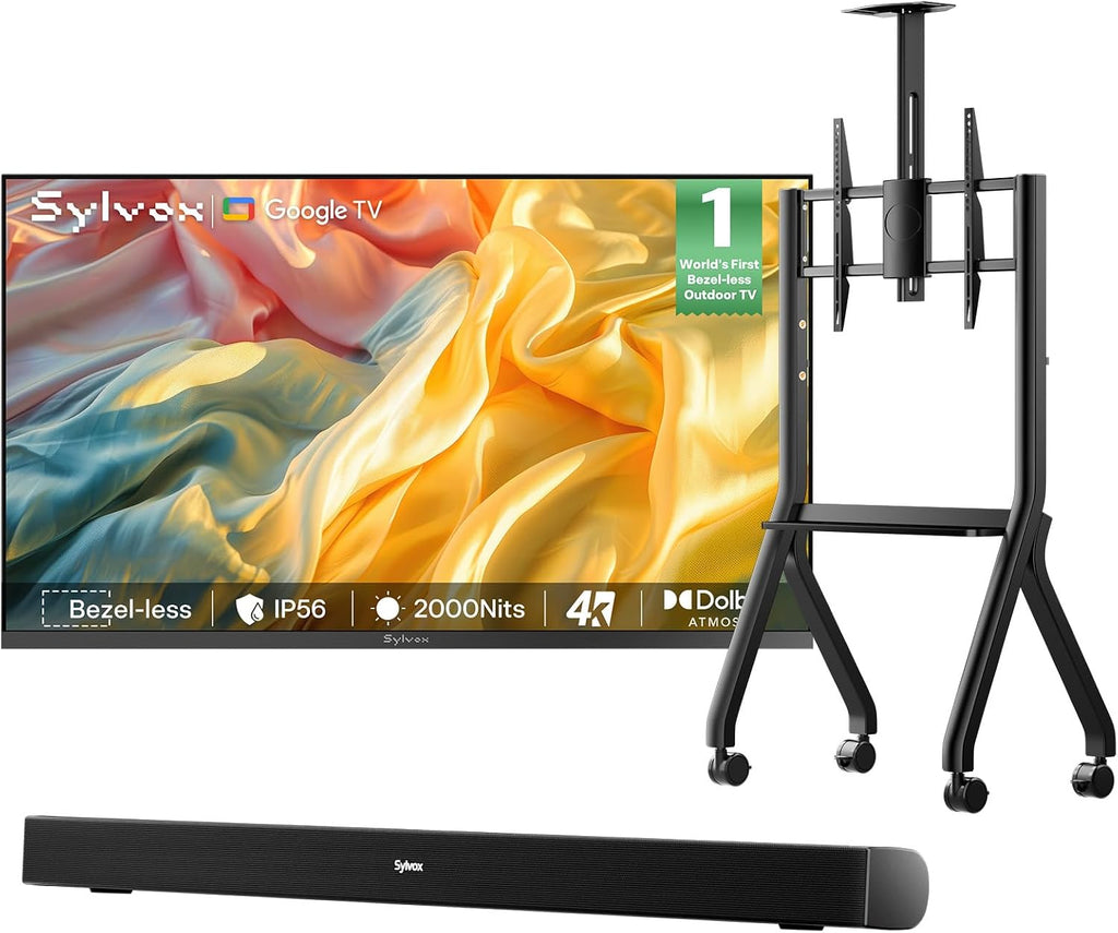 SYLVOX Outdoor TV with Rolling Stand & Soundbar, 43' Full Sun TV 2000 Nits, Ultra-Narrow Bezel, 4K Smart Television, IP56 Waterproof, Dual Speakers, for Poolside, Yard, Business (Frameless Pro Series)