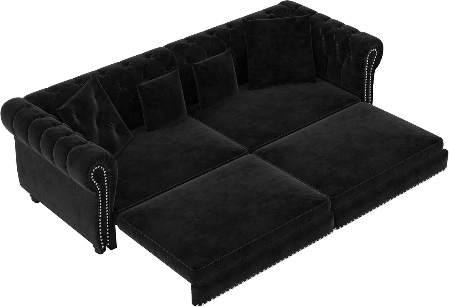 Ball & Cast 3-in-1 Convertible Sofa Bed with Movable Ottoman, 89' Pull Out Couch Bed King Size, Velvet 3 Seater Sleeper Sofa with Nailhead Trim & Rolled Arm,Sofa Couches for Living Room,Black
