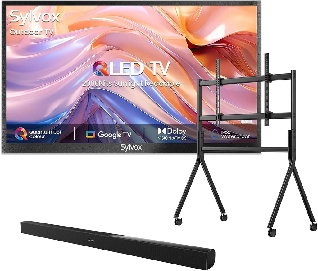 SYLVOX Outdoor TV with Rolling Stand & Soundbar, 65 inch Smart QLED TV, 2000 Nit Full Sun, Weatherproof, 4K UHD, IP56 Waterproof, Commercial Grade (2026 Model)