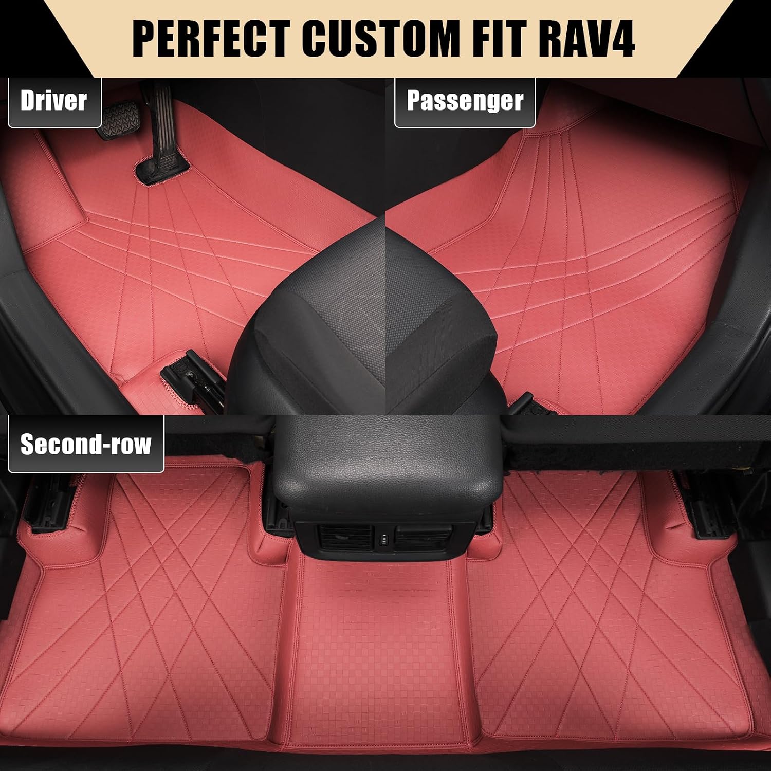 EKR Custom Floor Mats for Toyota RAV4 (Not Hybrid) 2013-2018, Front & 2nd Row Luxury Car Floor Mat Fit RAV4 2013 2014 2015 2016 2017 2018 (Burgundy Leatherette)