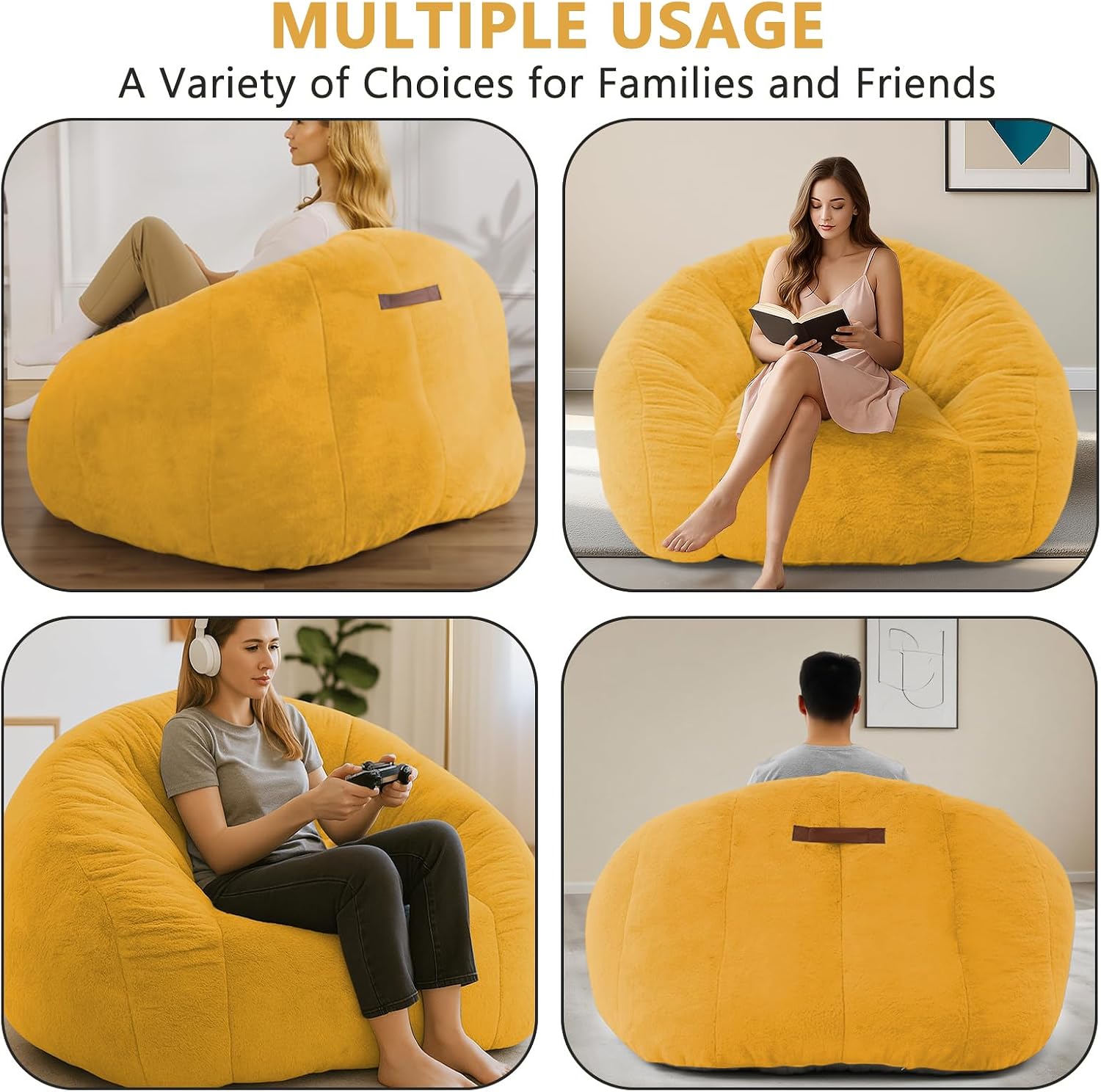 Bean Bag Chair for Adults, Soft Faux Fur Giant Beanbag Chairs, Oversized Cozy Bean Bag Couch Large Reading Chair, Comfy Bean Bag Sofa for Living Room, Bedroom & Dorm, Yellow