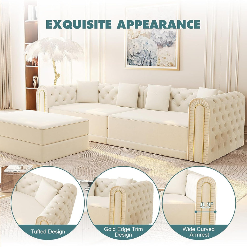 90.6' King Size Sleeper Sofa Bed, 3-in-1 Convertible Foldable Chesterfield Floor Couch with Ottoman, Oversized Velvet Button Tufted L Shaped Sofa for Living Room Small Spaces, Beige White