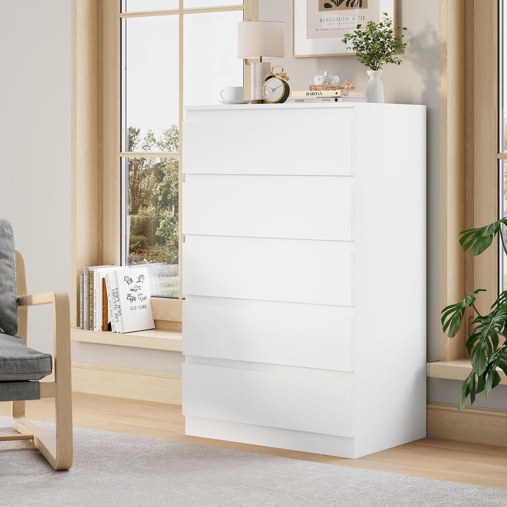 OtterOasis White Wood Dresser for Bedroom, 5 Drawer for Clothes Storage, Modern Dresser with Wide Drawers, Wide Wooden Chest Drawers for Living Room, Entryway, TV Stand