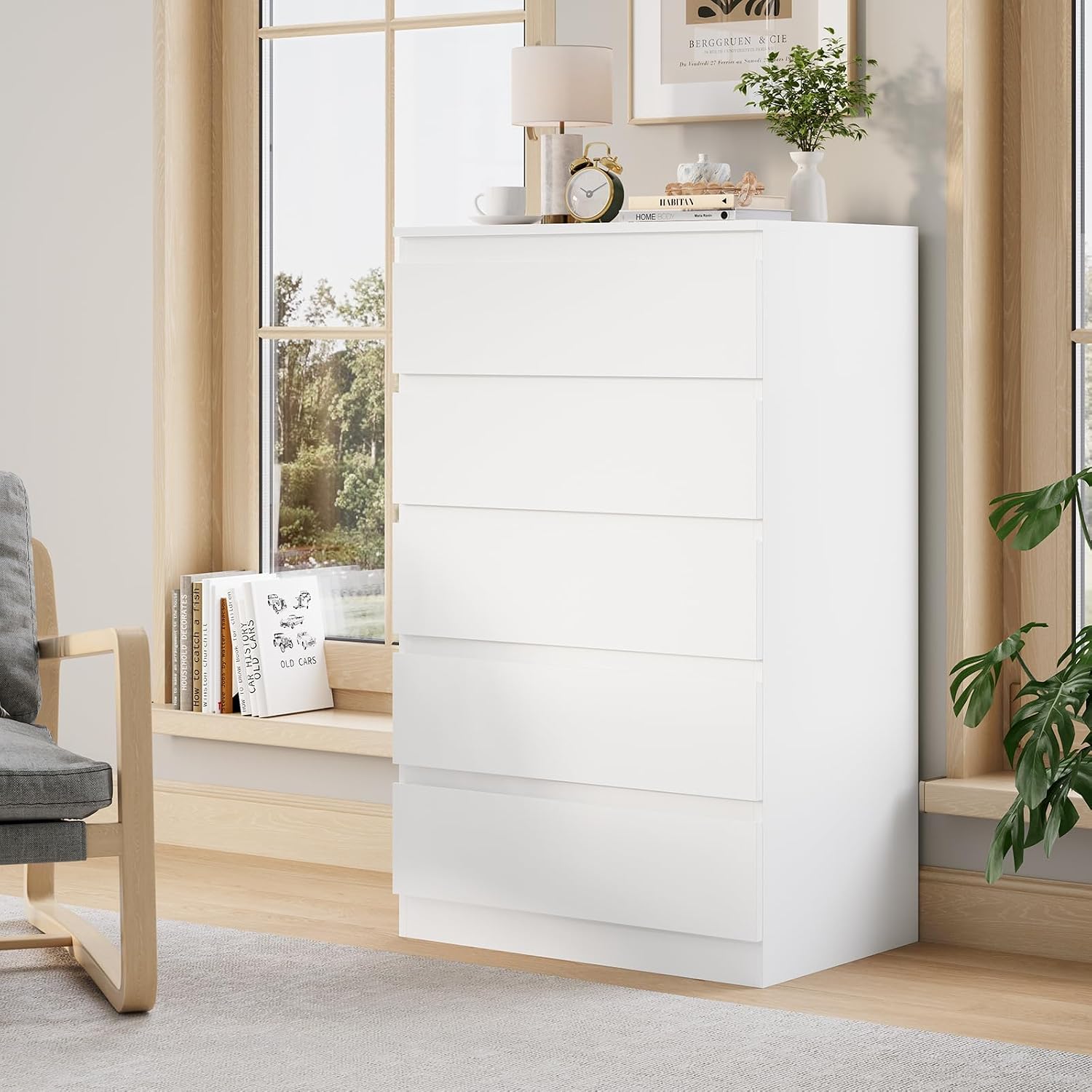 OtterOasis White Wood Dresser for Bedroom, 5 Drawer for Clothes Storage, Modern Dresser with Wide Drawers, Wide Wooden Chest Drawers for Living Room, Entryway, TV Stand