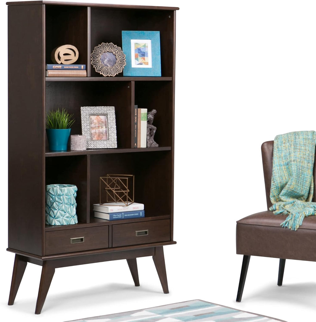 SIMPLIHOME Draper Bookcase - 64 inch Tall Solid Wood Wide Storage Bookshelf in Medium Auburn Brown, Mid-Century Modern Storage for Living Room or Office with Adjustable Shelves and Tapered Legs