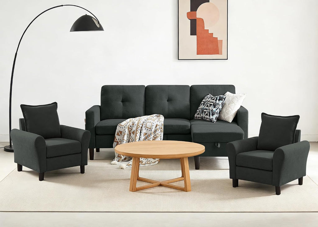 3 Piece Living Room Sofa Sets, Modern 3 Seater Sofa with Storage Ottoman and 2 PSC Armchair Couch Sets, Easy Assembly, Modern 5 Seat Sectional Couches for Living Room, Office,Black