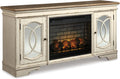 Signature Design by Ashley Realyn Vintage Casual TV Stand with Electric Fireplace, Heats Larger Rooms, Bronze Hardware, Wood, 74' Wide, White & Brown