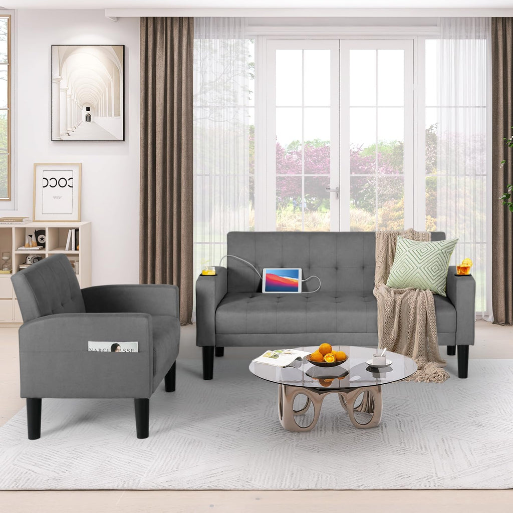 AILEEKISS 2 Piece Living Room Sofa Set 56' W Loveseat Sofas with 2 USB and Removable Armrests, Modern Fabric, 2 Pcs Sectional Couches Set for Apartment, Small Space, Dark Grey