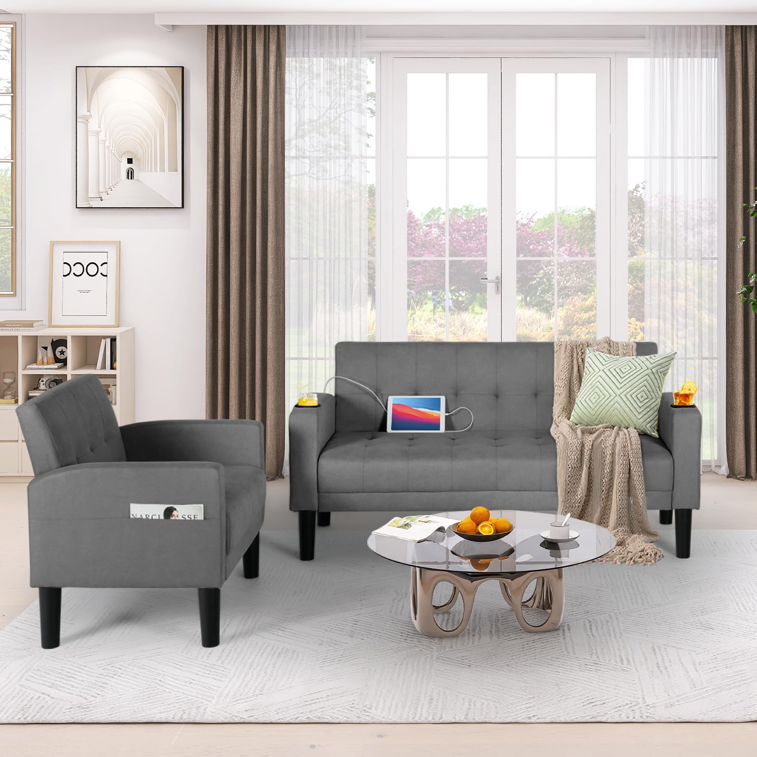 AILEEKISS 2 Piece Living Room Sofa Set 56' W Loveseat Sofas with 2 USB and Removable Armrests, Modern Fabric, 2 Pcs Sectional Couches Set for Apartment, Small Space, Dark Grey