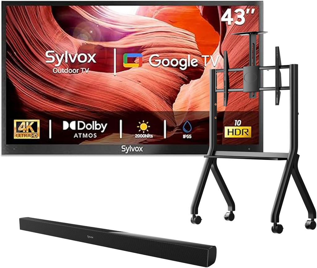 SYLVOX Outdoor TV with Rolling Stand & Soundbar, 43 inch 2000 Nit Full Sun Smart TVs, Sunlight Readable, IP56 Waterproof, 4K TV for Outdoor Households or Commercial Places