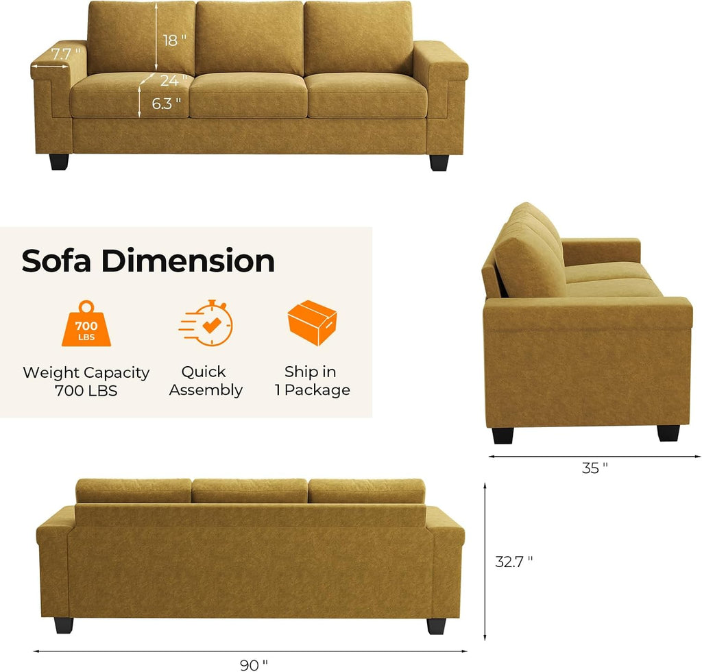 COPIAE 3 Seater Sofa Couch with Deep Seat, 90' Modern Upholstered Sofa with Armrests, Easy Installation, Comfy Couches for Living Room, Apartment, Yellow
