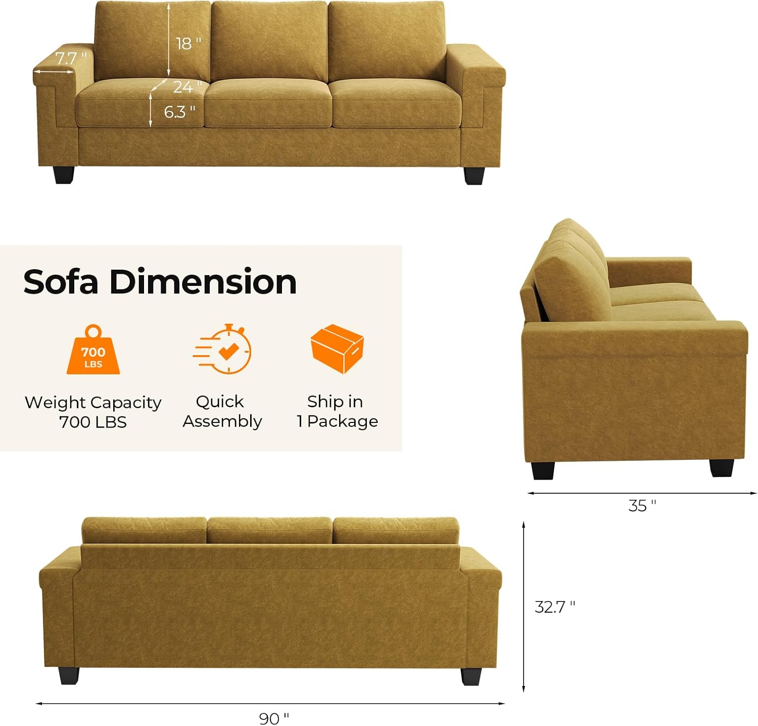 COPIAE 3 Seater Sofa Couch with Deep Seat, 90' Modern Upholstered Sofa with Armrests, Easy Installation, Comfy Couches for Living Room, Apartment, Yellow