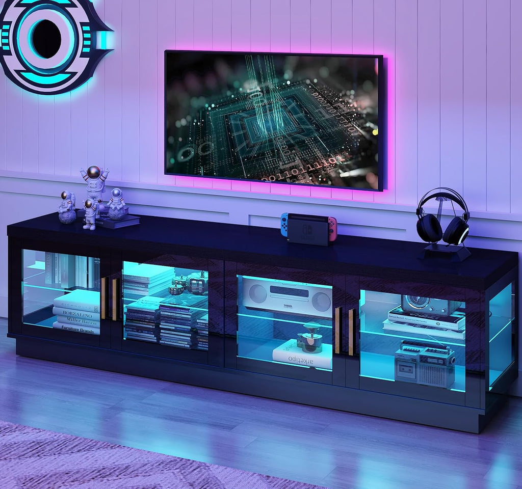 Hlivelood 71IN LED TV Stand for 85/80/75inch TV,High Glossy Modern Black TV Stands for Living Room,Gaming Entertainment Center with Storage Cabinet,RGB LED(Black)