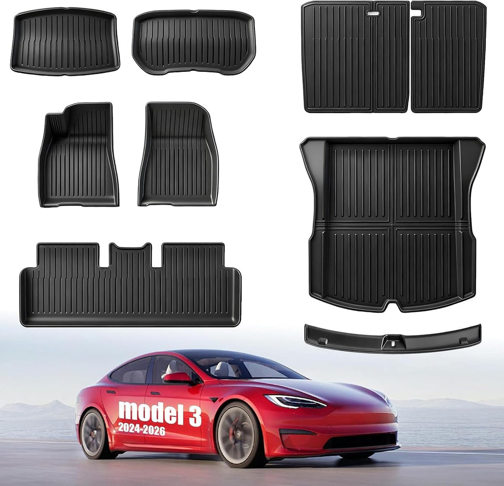 Floor Mats Compatible with Tesla Model 3 2024-2026 Highland 5-Seater, All Weather TPE Waterproof Odorless Complete Set with Seat Back Liner & Trunk Sill Guard Interior Accessories (8PCS)