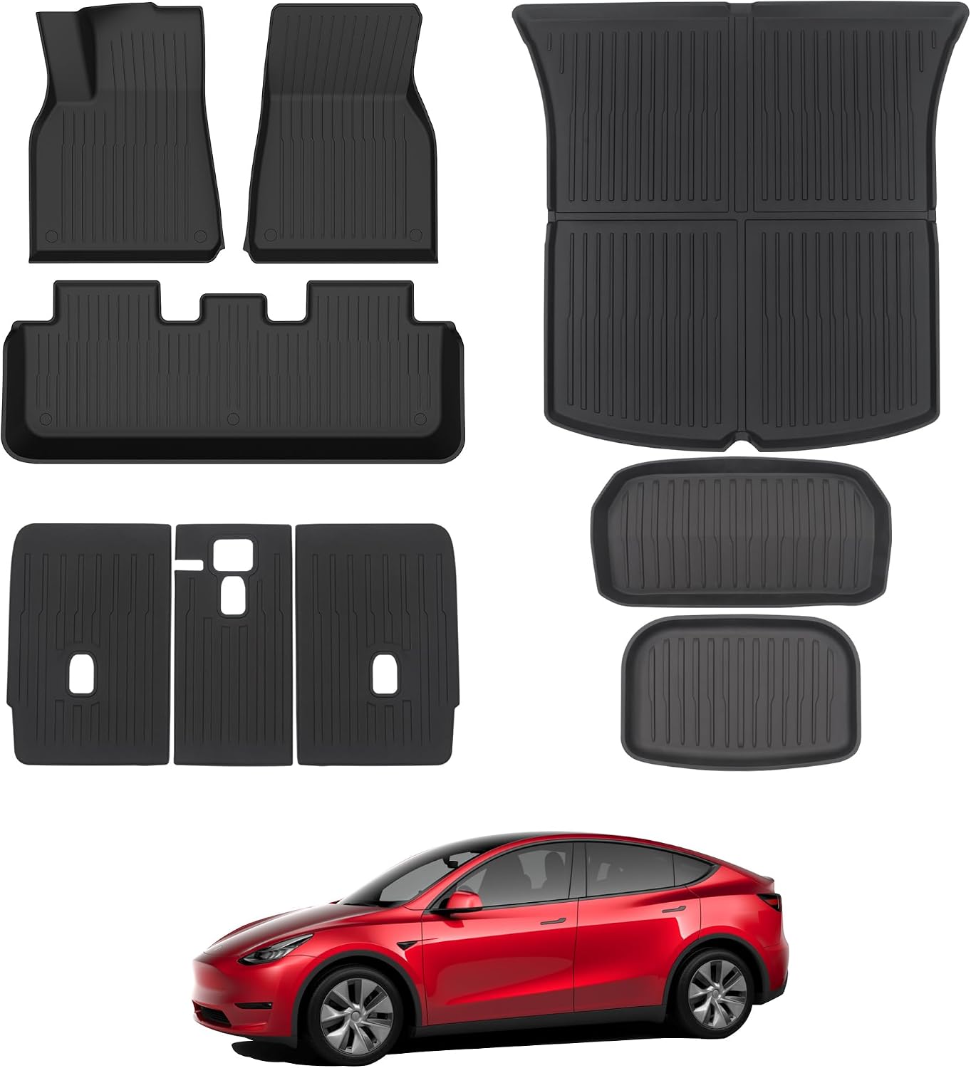 Floor Mats for 2021-2024 Tesla Model Y, 9PCS All Weather Full Set Cargo Liners Accessories, 3D TPE Odorless Trunk Frunk Rear Well Mats Custom for 5-Seater(Not Fit 7Seat & 2025-2026 Juniper)