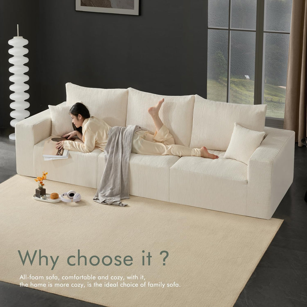 Gericco 113' Modular Sectional Couch, Cloud Boneless Sofa with Deep Seats, Upholstered Corduroy Sofa Bed with Loung Chaise, 3-Seater Couches for Living Room, No Assembly Required, Beige