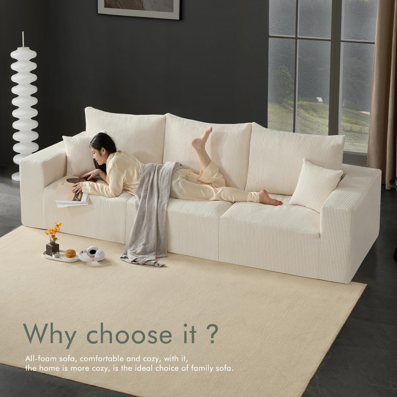 Gericco 113' Modular Sectional Couch, Cloud Boneless Sofa with Deep Seats, Upholstered Corduroy Sleeper Sofa Bed with 3-Seater for Living Room, No Assembly Required, Beige