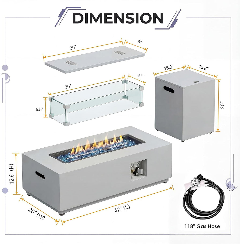 BULEXYARD 42'' Rectangle Propane Fire Pit Table, Low-Profile Outdoor Fireplace with Tank Table & Rain Cover, 50,000 BTU CSA Certified, Modern Patio Fire Table for Backyard, Porch & Deck, Light Grey