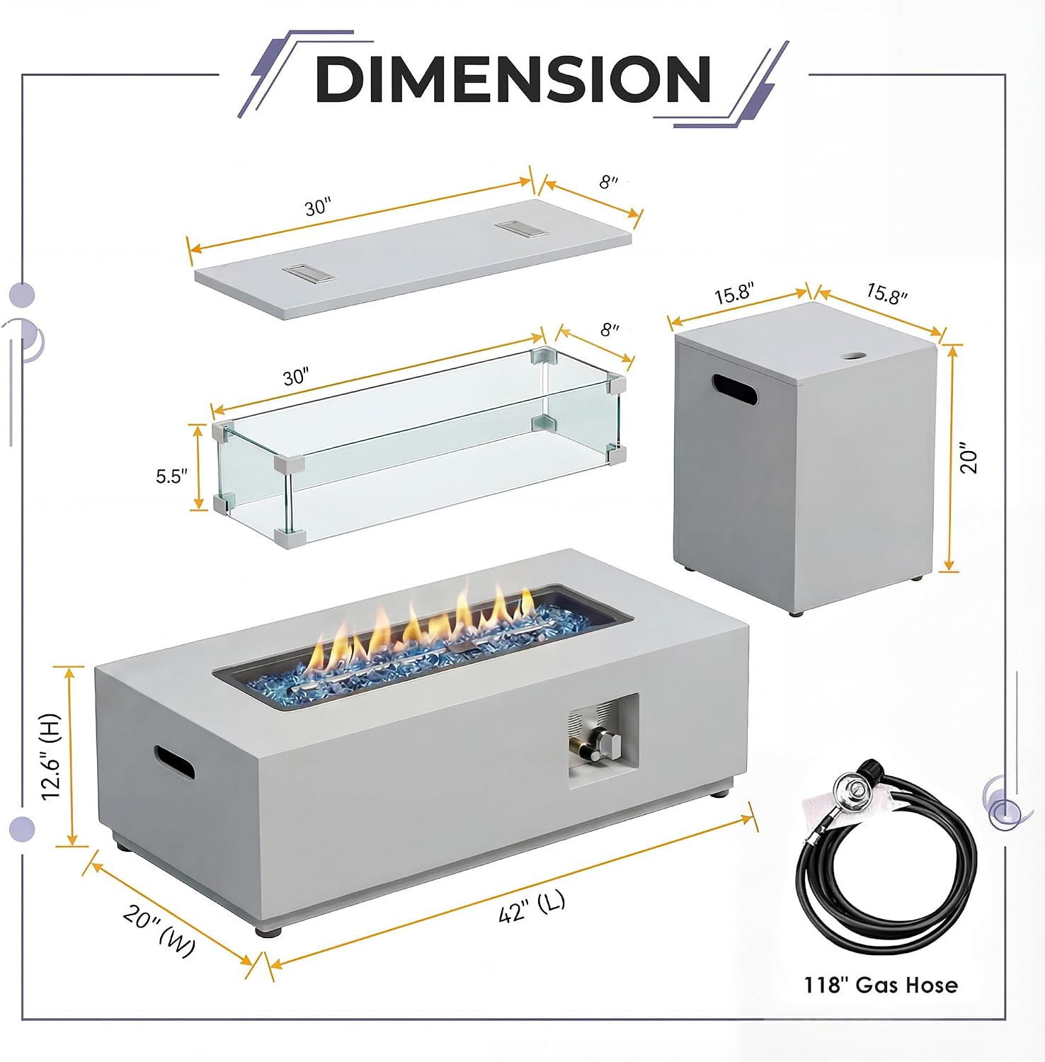 BULEXYARD 42'' Rectangle Propane Fire Pit Table, Low-Profile Outdoor Fireplace with Tank Table & Rain Cover, 50,000 BTU CSA Certified, Modern Patio Fire Table for Backyard, Porch & Deck, Light Grey