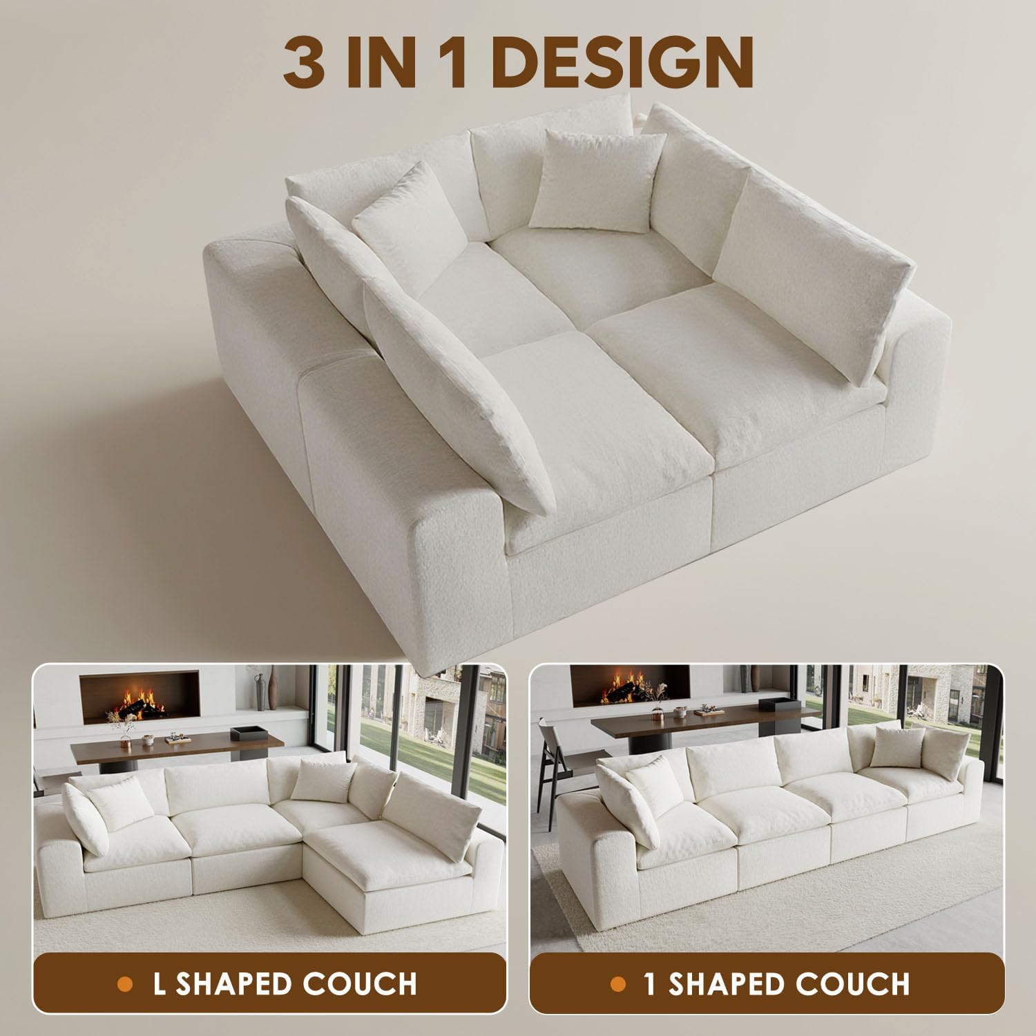 130' Oversized Boneless Cloud Couch, Modular Sectional Couches for Living Room, L-Shaped with Deep Seats, No Assembly Required, 4-Seater Washable Fabric Sleeper Sofa, White