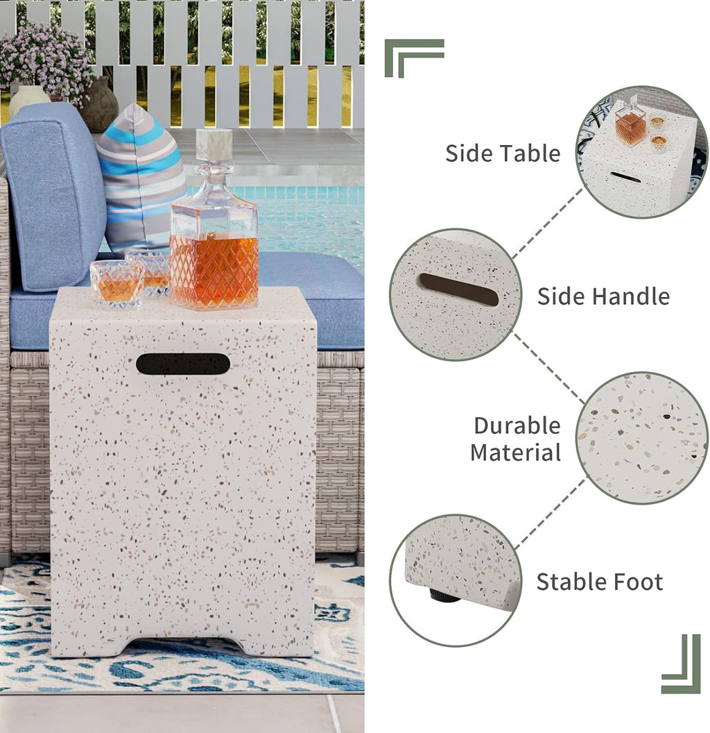 COSIEST 2-Piece Outdoor Propane Fire Pit Table Set w Tank, Beige Faux Stone 35 inch Square Fire Table w Certified, 50,000 BTU Stainless Steel Burner, w 20lb Hideway Tank Cover for Garden, Porch