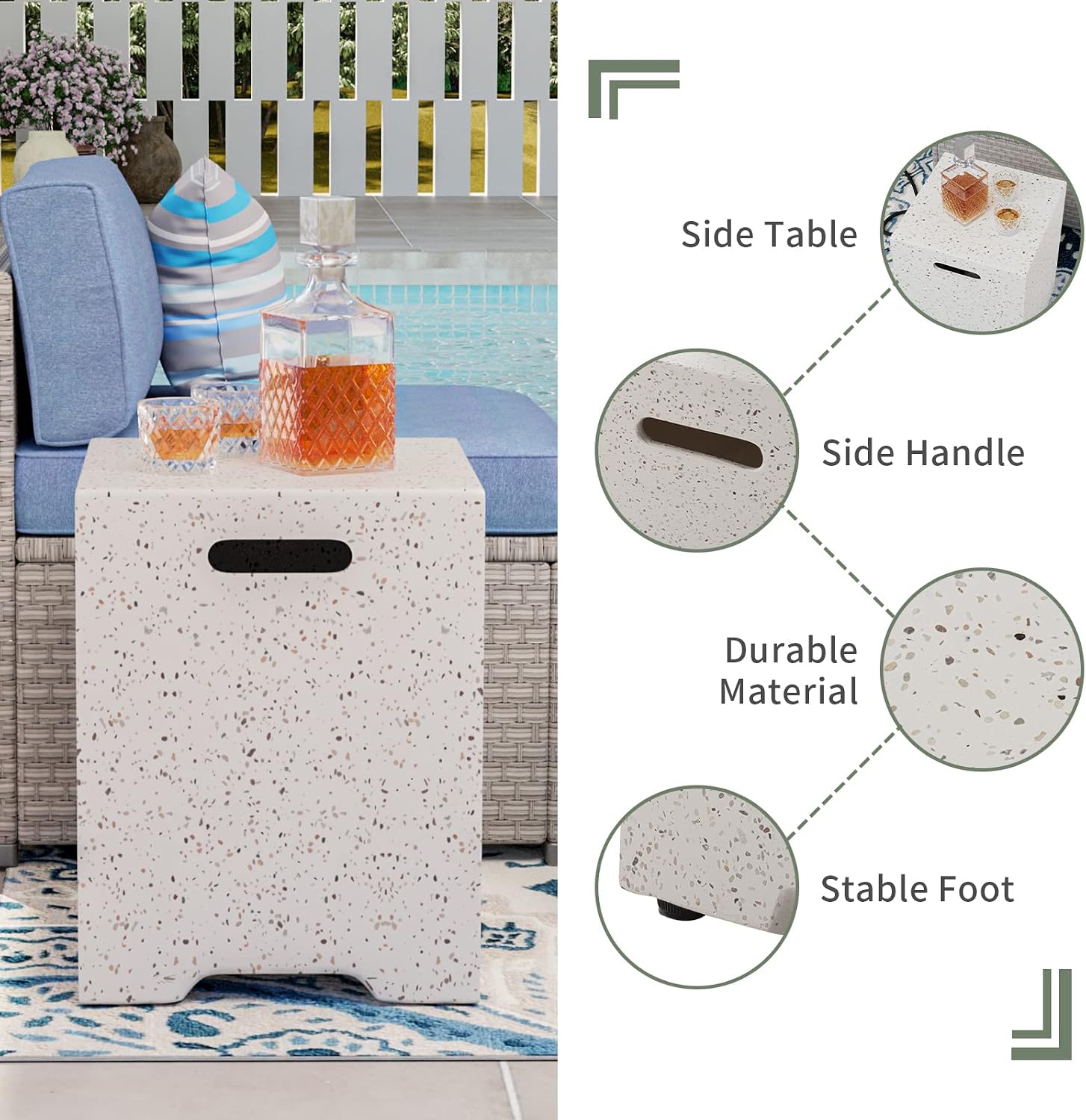COSIEST 35-inch Square Outdoor Sandstone Propane Fire Pit w Wind Guard and Side Table, Certified, 50,000 BTU Stainless Steel Burner, Free Lava Rocks and Rain Cover, Metal Lid(Beige)
