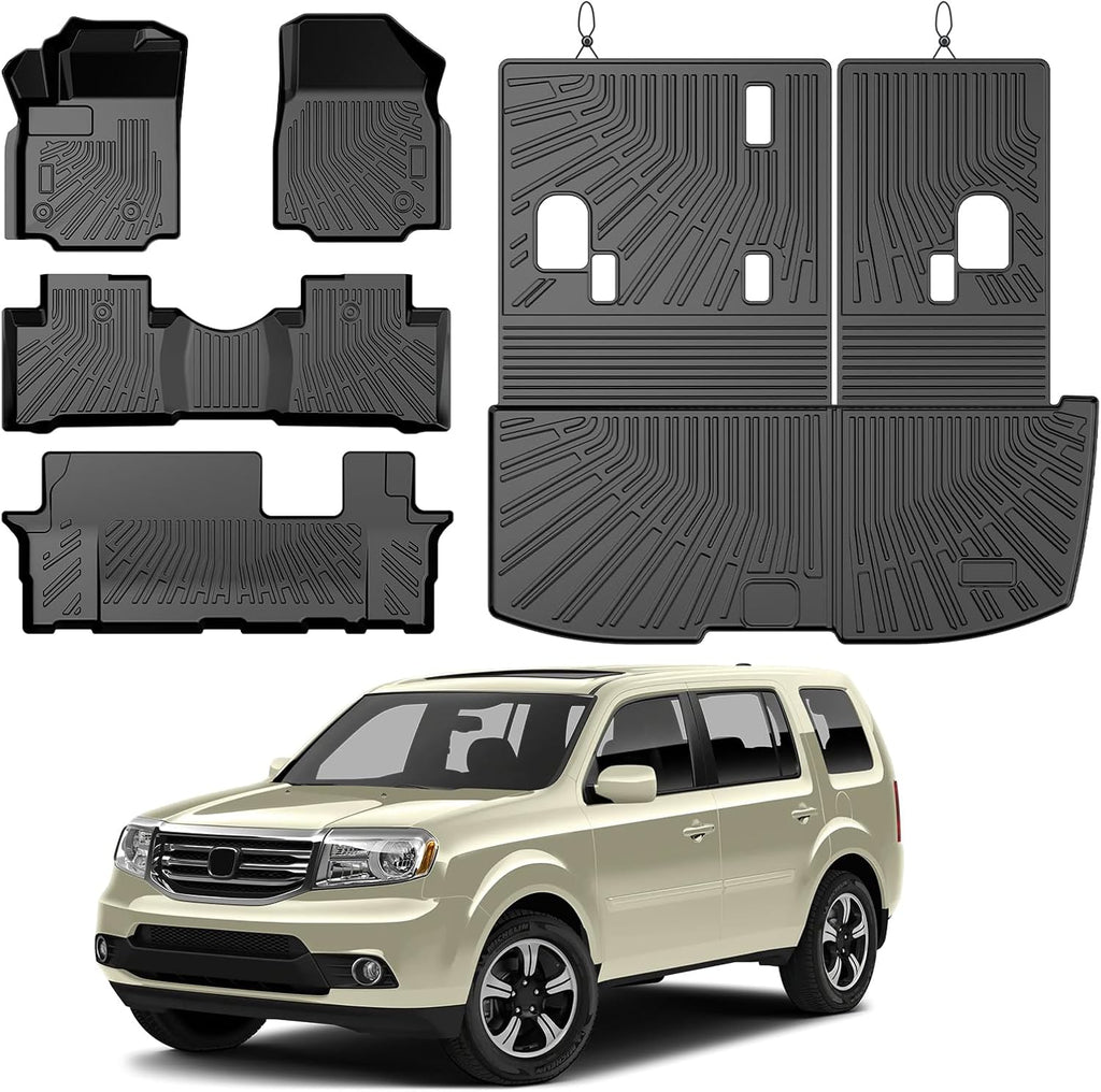 Pilot Floor Mats - Car Mats for Honda Pilot 2009-2015, All Weather Full Set Cargo Liner with Backrest Mat for Car Accessories, Heavy Duty Waterproof, Black