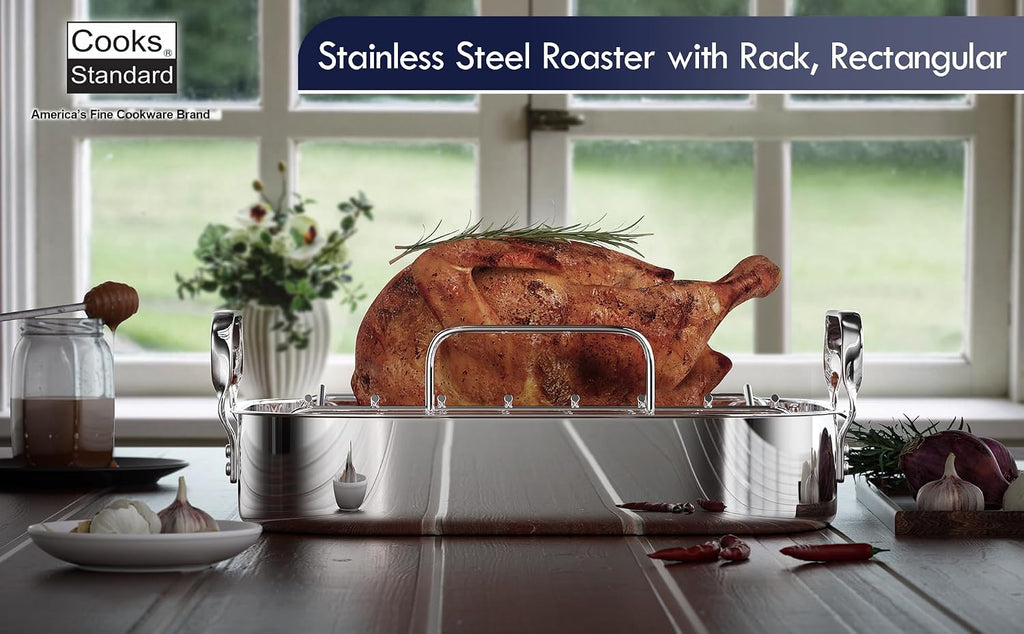 Cooks Standard Classic 16 x 13 Inch Stainless Steel Roaster Pan with V-Shaped Rack, Turkey Roasting Pan with Rack, Large Capacity, Oven and Dishwasher Safe