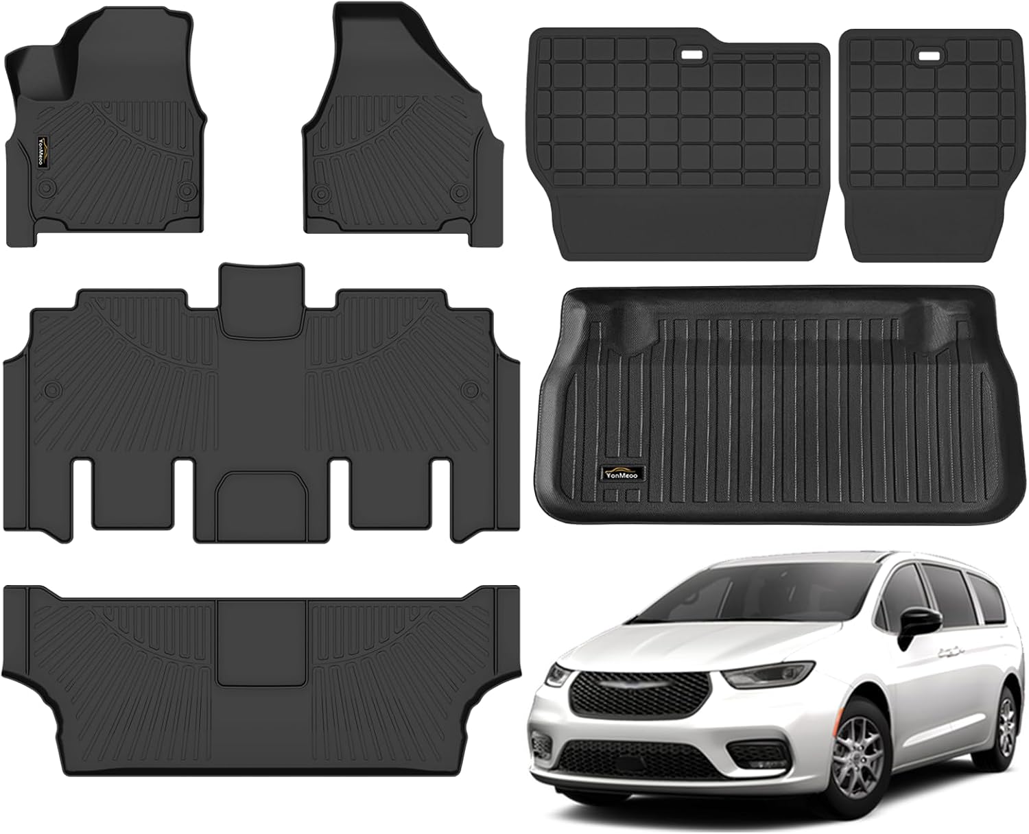 Floor Mats & Cargo Liner for Chrysler Pacifica 2017-2025 2026 Gas 7-Seater Touring (Non Hybrid&Non Pinnacle) All Weather TPE Rubber Trunk Mat Automotive Floor Liners for Pacifica Fuel 2025 Accessories