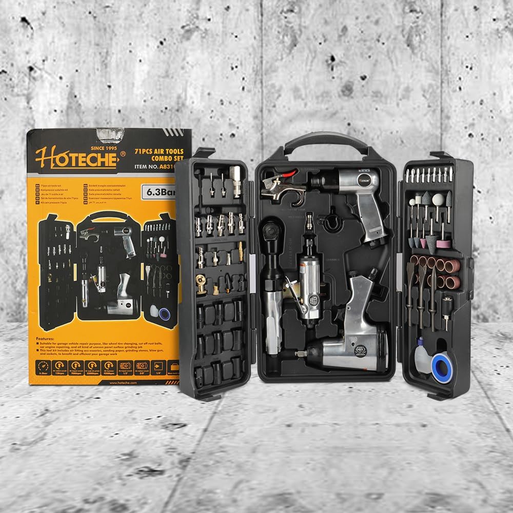 Hoteche 71-Piece Air Tool Kit | 1/2' Single-Hammer Air Impact Wrench (7000RPM), 1/2' Air Ratchet Wrench & Multiple Tools, Blow-Molded Case