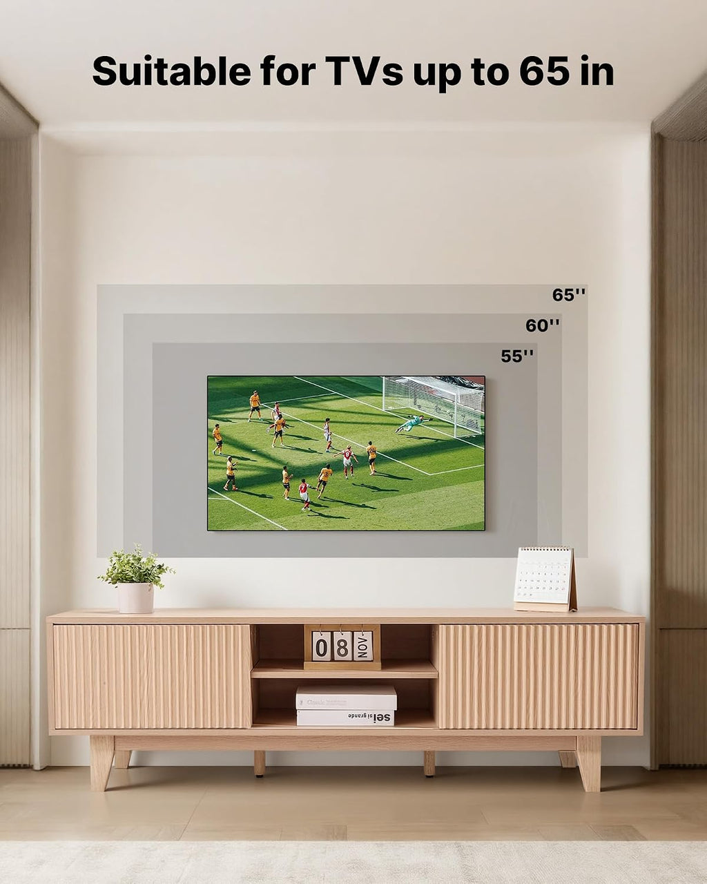 VEVOR 59' Fluted TV Stand, Boho Entertainment Center for 55/60/65 inch TVs, Mid Century Modern Media Console TV Storage Cabinet with Sliding Door and Adjustable Open Shelves, for Living Room, Bedroom