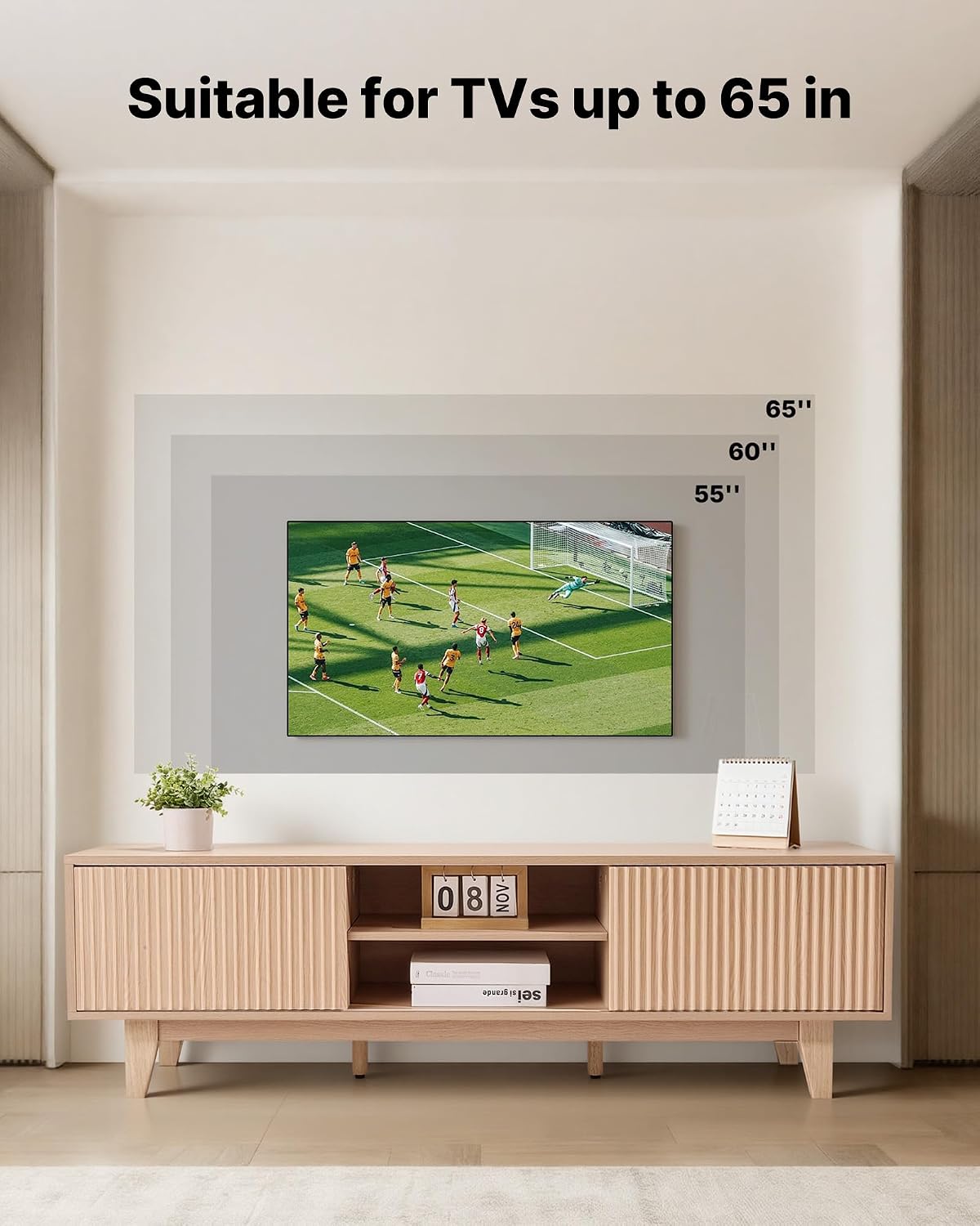 VEVOR 59' Fluted TV Stand, Boho Entertainment Center for 55/60/65 inch TVs, Mid Century Modern Media Console TV Storage Cabinet with Sliding Door and Adjustable Open Shelves, for Living Room, Bedroom