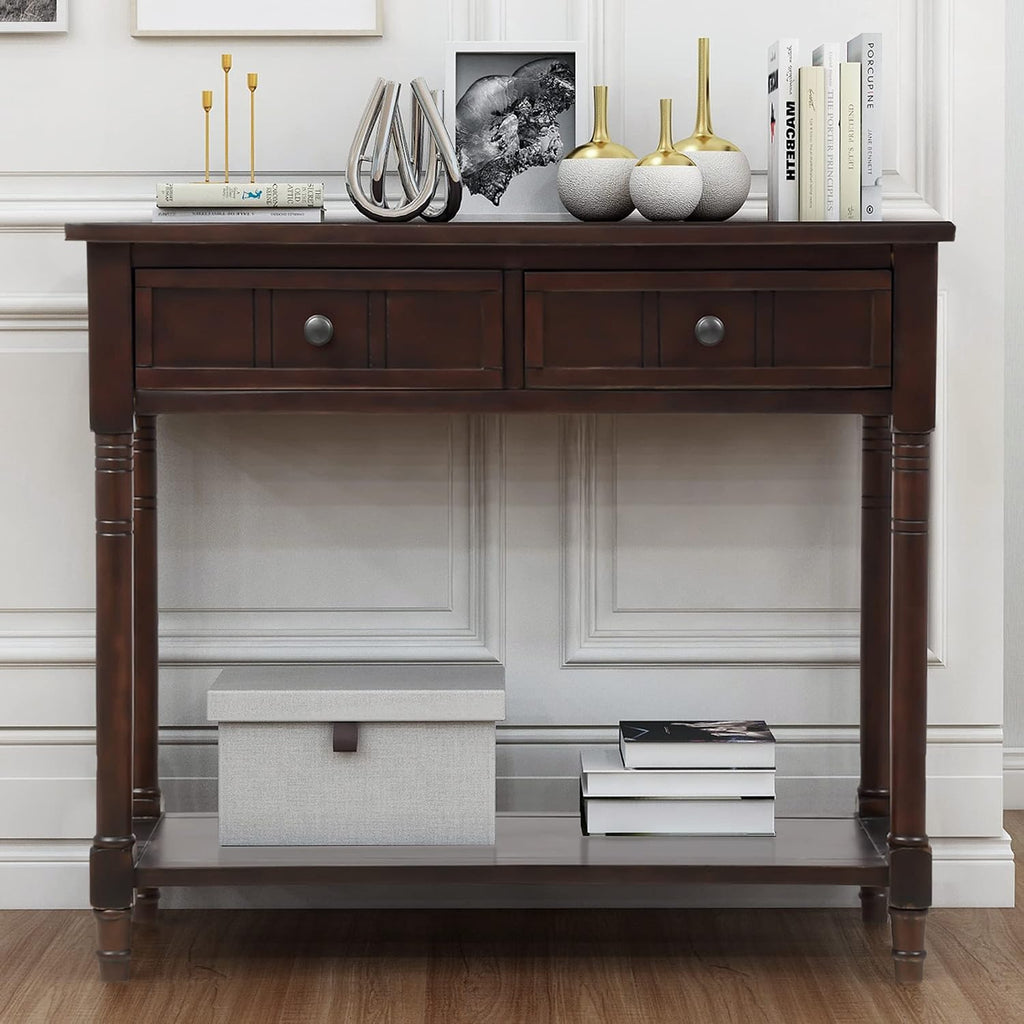 Merax Wood Sofa Table Console Table,Entryway Table Traditional Design with Two Drawers and Bottom Shelf for Living Room,Hallway,Dining Room,Espresso